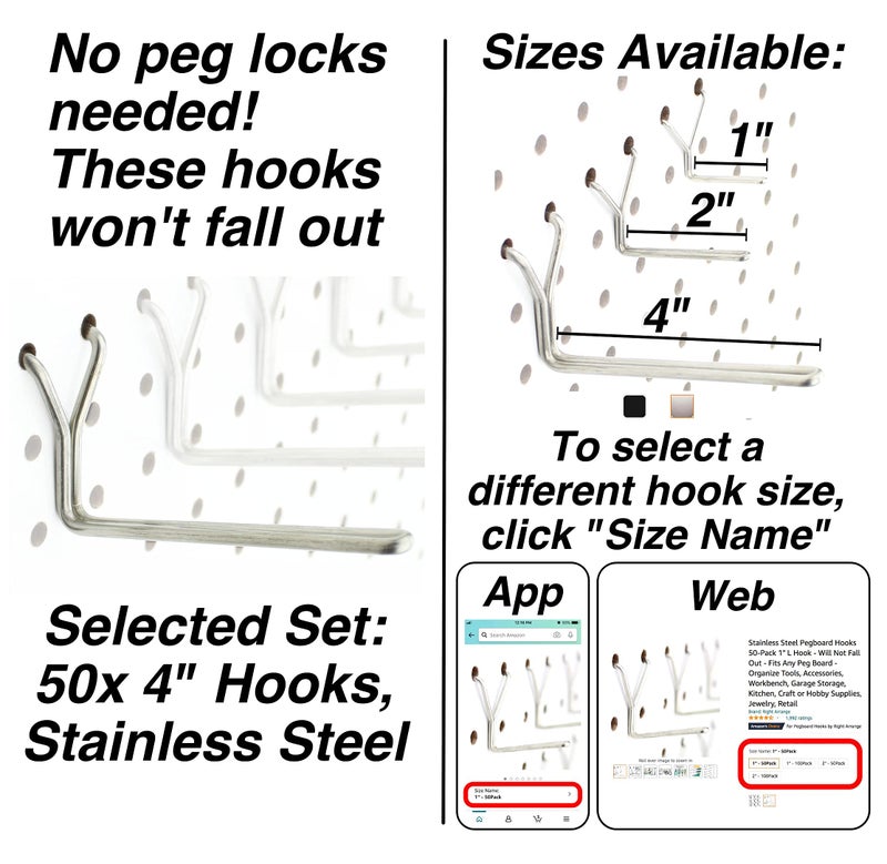 Right Arrange Stainless Steel Pegboard Hooks 50-Pack 4" L Hook - Will Not Fall Out, Fits Any Peg Board - Organize Tools, Accessories, Workbench, Garage Storage, Kitchen, Crafts, Jewelry, Retail - Image 2